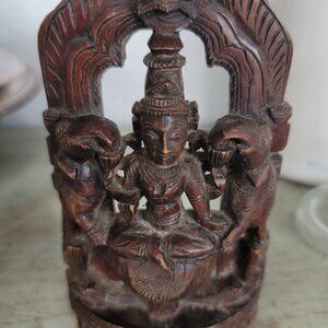 Unique Hand Carved Vintage Wooden Gaj Lakshmi Sculpture Depicted with Elephants